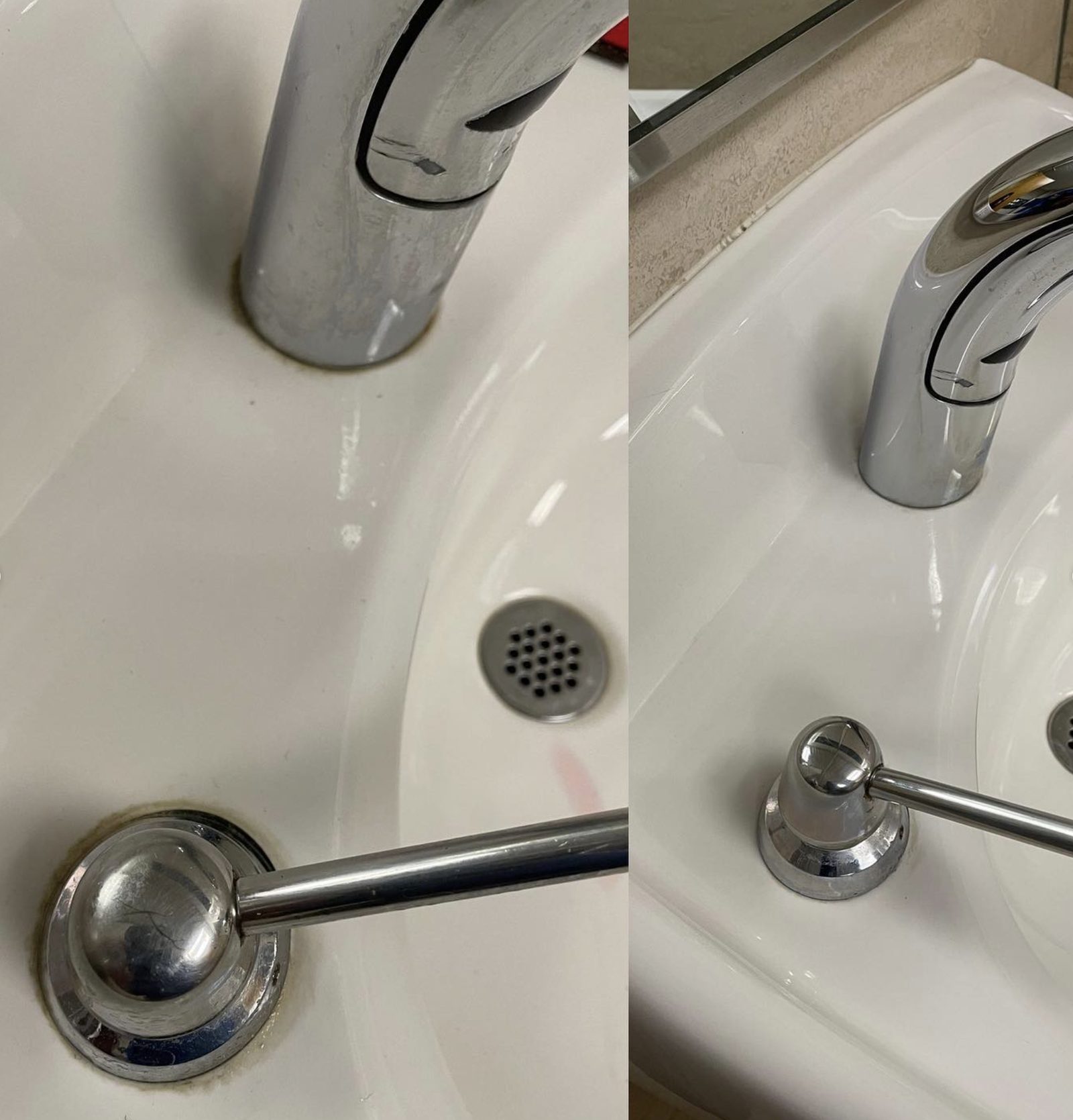 Side-by-side before/after of airport restroom sink edge: dirty buildup restored to clean finish