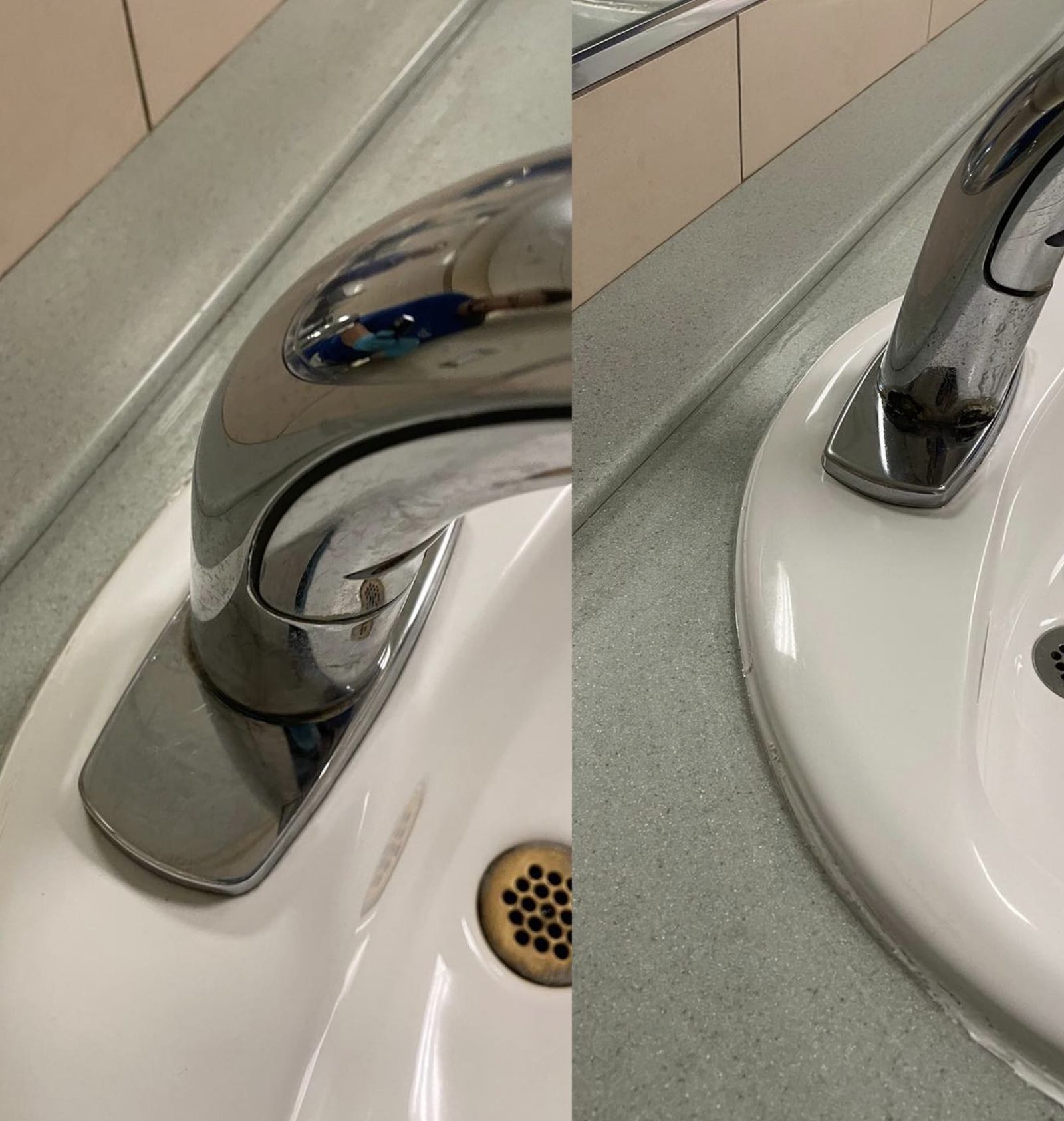 Side-by-side before/after of airport restroom faucet: limescale and grime removed to restore chrome finish