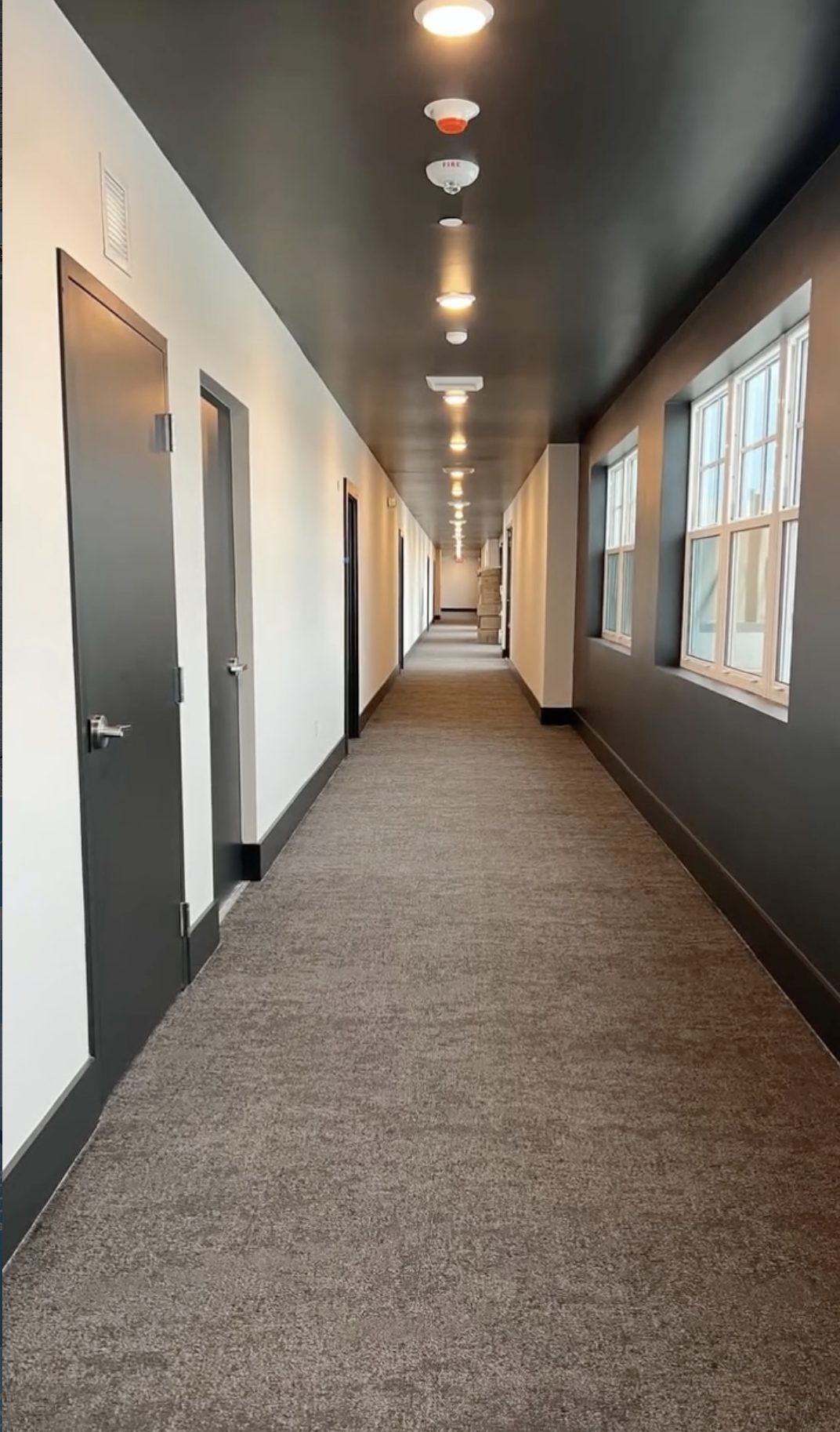 Same corridor handed over with fresh carpet, charcoal ceiling and clear daylit windows