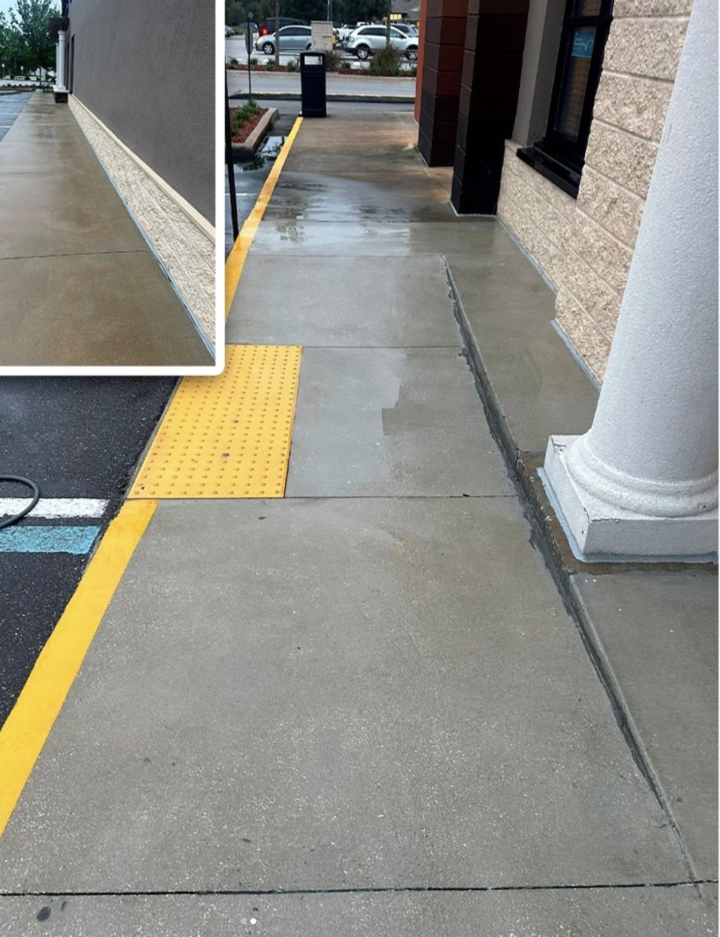 Same walkway washed to even bright concrete with the ADA pad reading vivid yellow