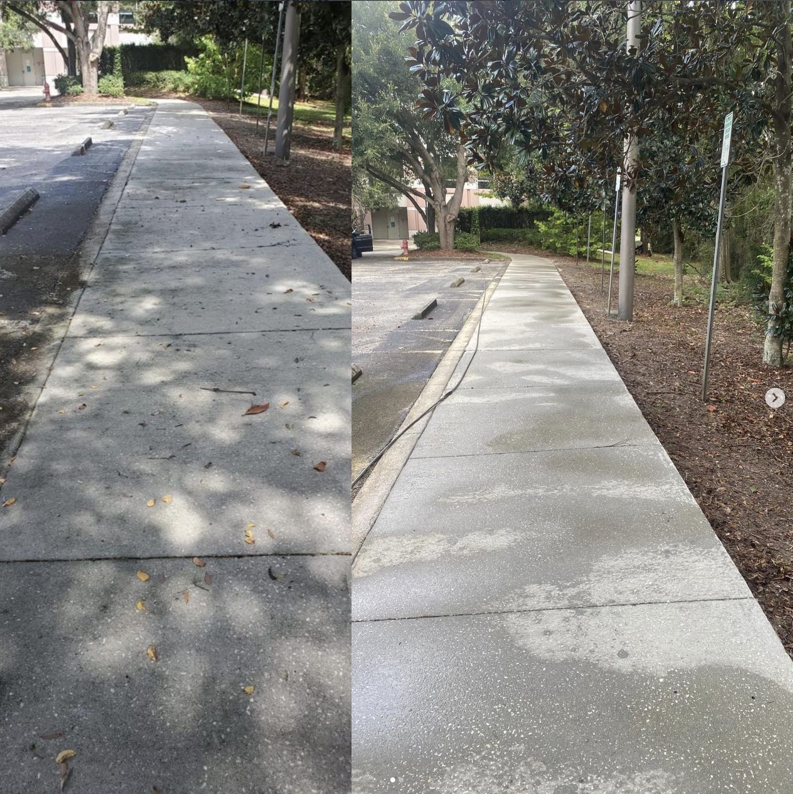 Commercial concrete walkway before and after BlueSky pressure washing