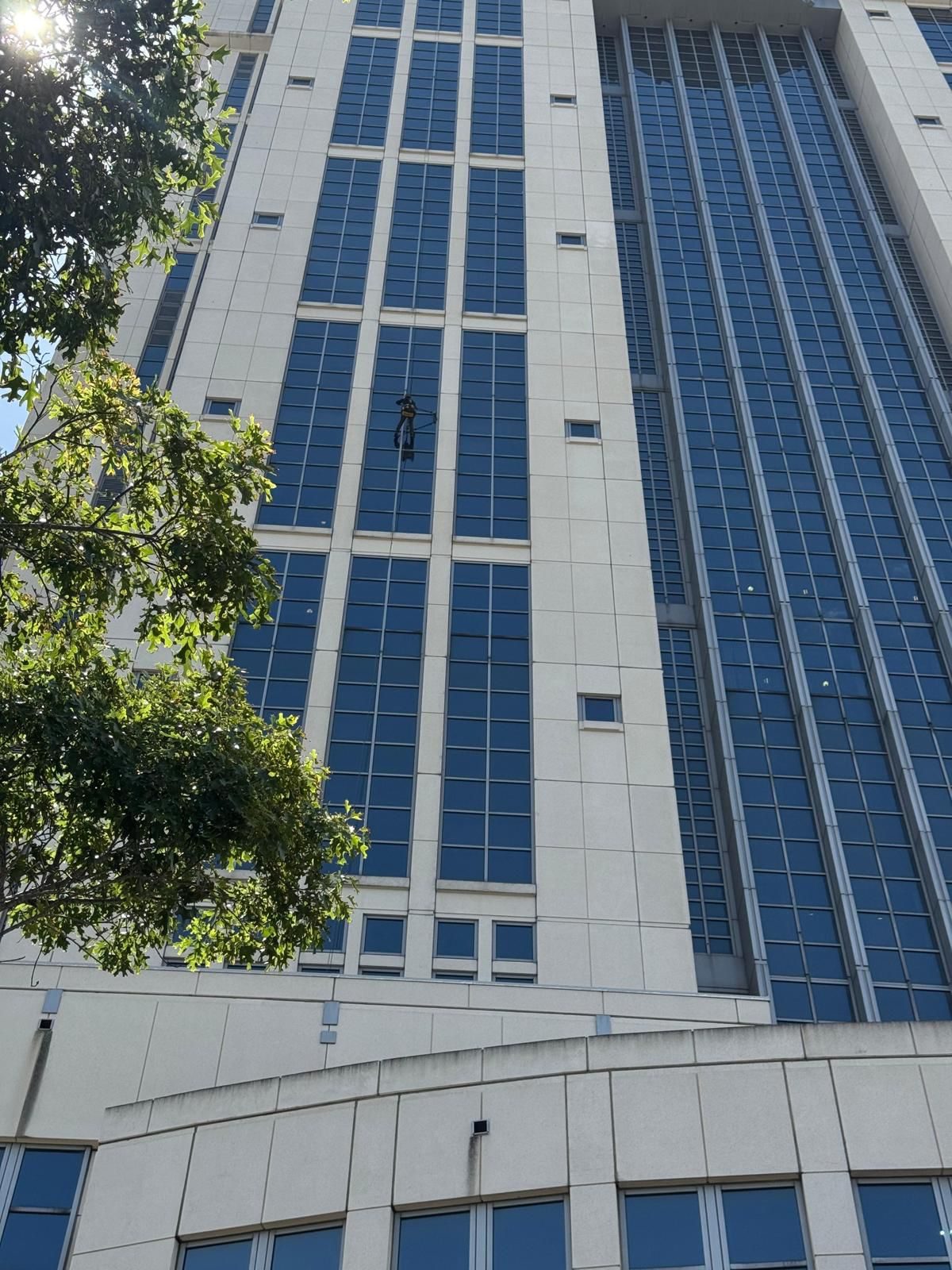 Rope-access technician cleaning a high-rise glass tower